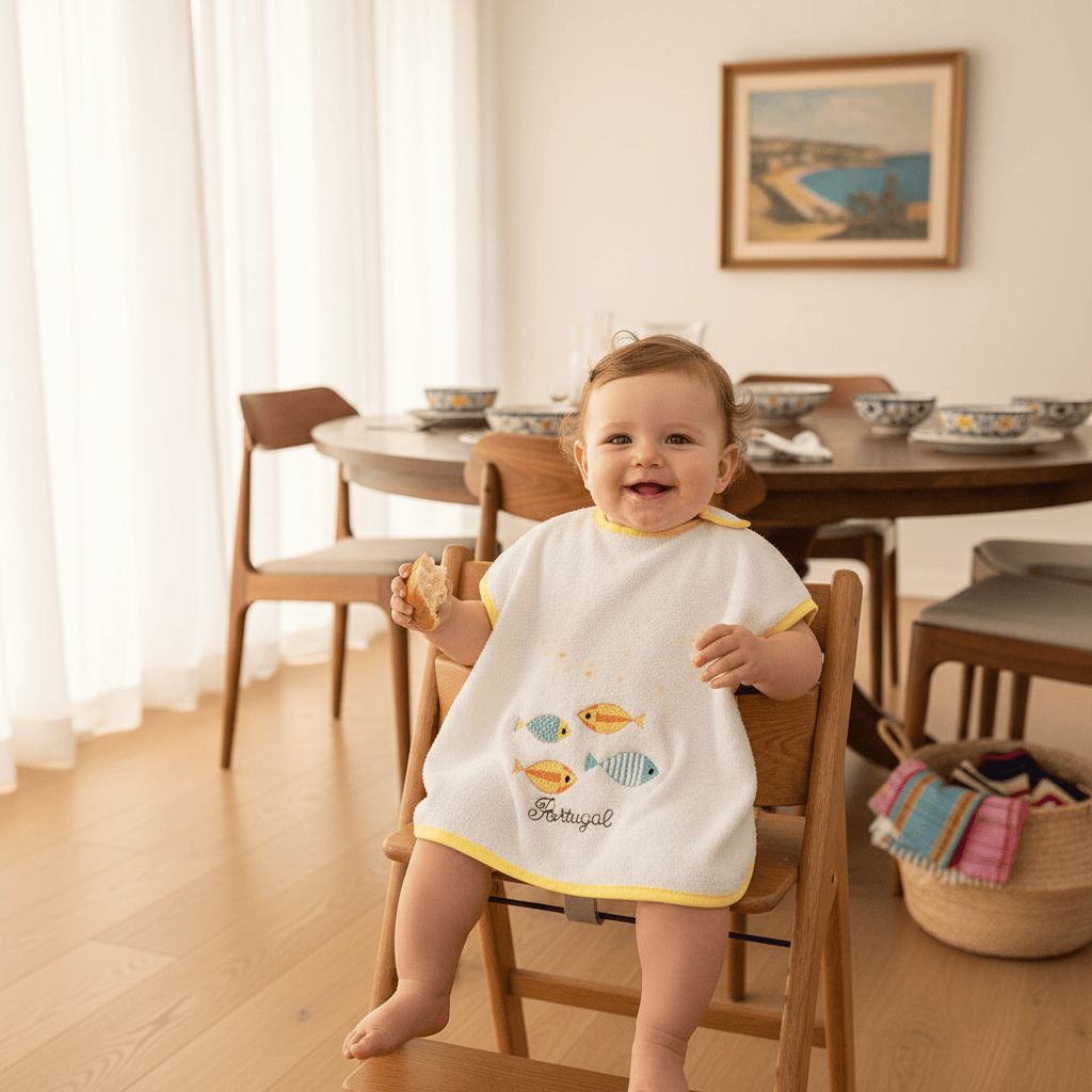 Bavoir tablier jaune en coton aux motifs sardines portugaises Bavoir tablier "Sardinhas" - Jaune