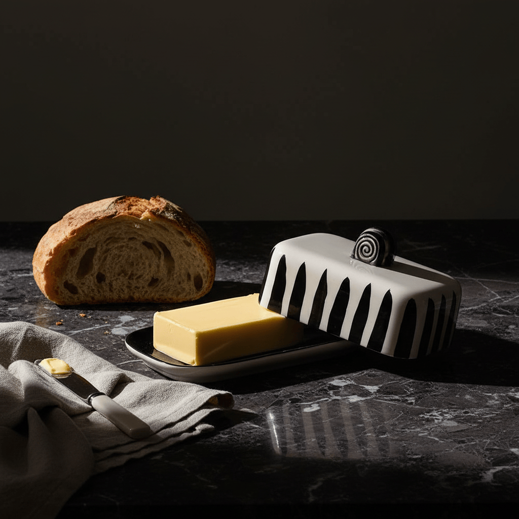 Beurrier en céramique rayé noir et blanc Beurrier rayé "Costa Nova Mar" - Noir