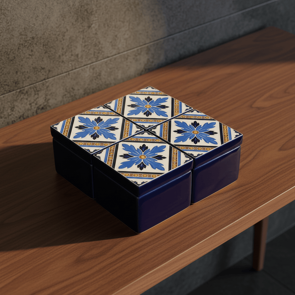 Boîte Céramique Artisanale Azulejos - Bleu cobalt & Liège Boite à secrets "Azulejos" - Bleu