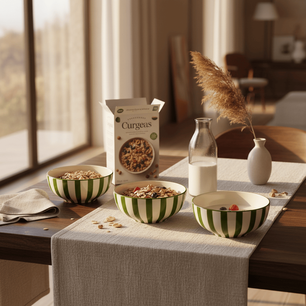 Bol à céréales en céramique verte portugaise I Vaisselle du Portugal en ligne Bol à céréales rayé "Costa Nova Mar" 16cm - Vert