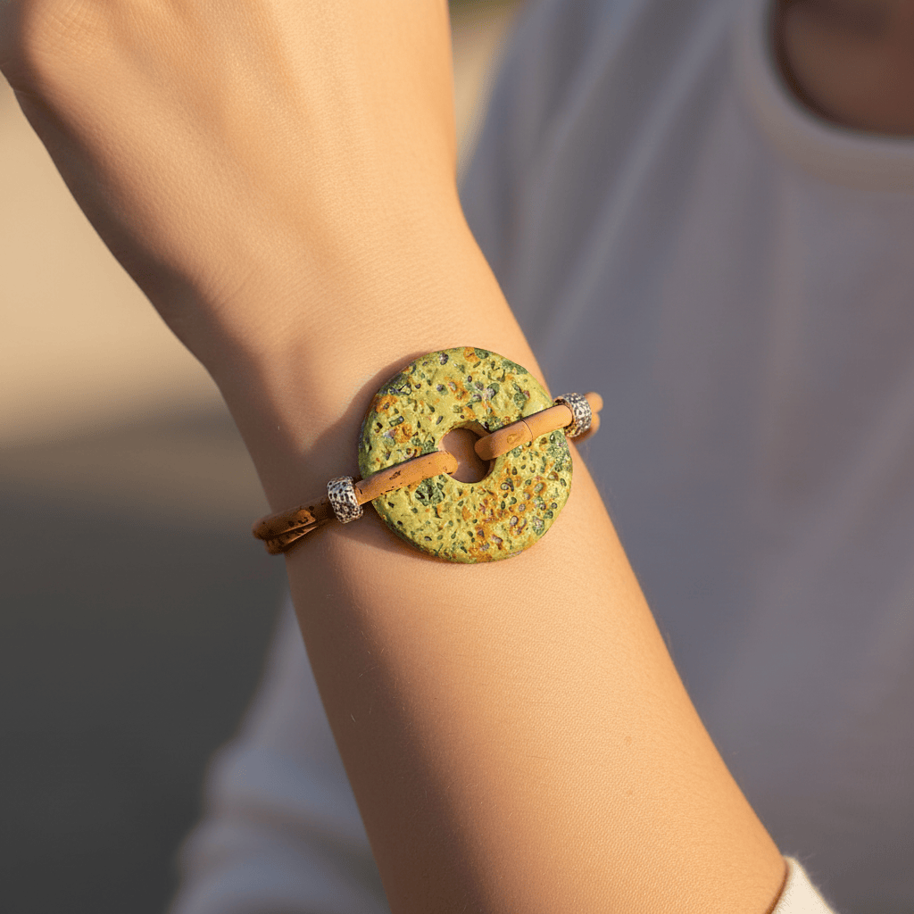Bracelet en liège artisanal – Élégant, vegan et unique Bracelet en liège à médaillon - Vert