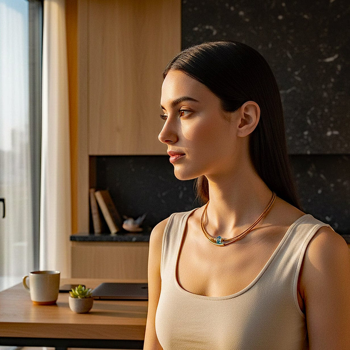 Collier en liège double tour et perle turquoise Collier en liège et perle - Turquoise