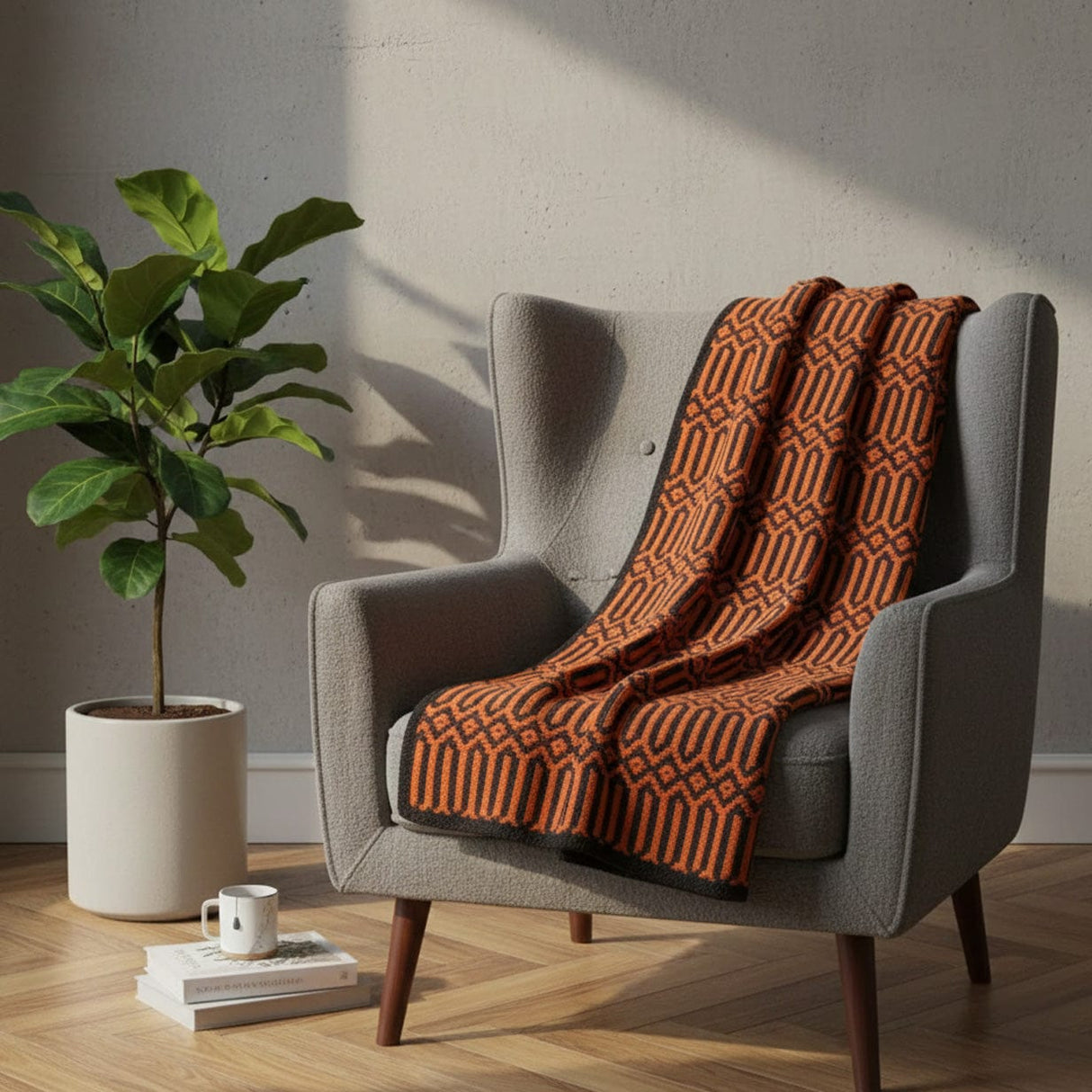 Grand plaid en coton orange et noir tissé au Portugal Plaid en coton "Hexa" - Orange