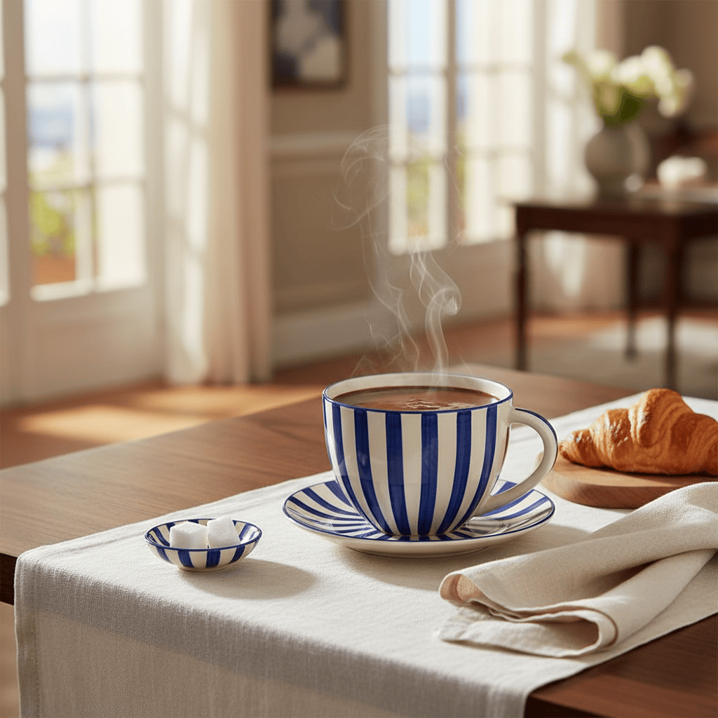 Grande tasse en porcelaine portugaise I Vente en ligne Grande tasse rayée "Costa Nova Mar" - Bleue