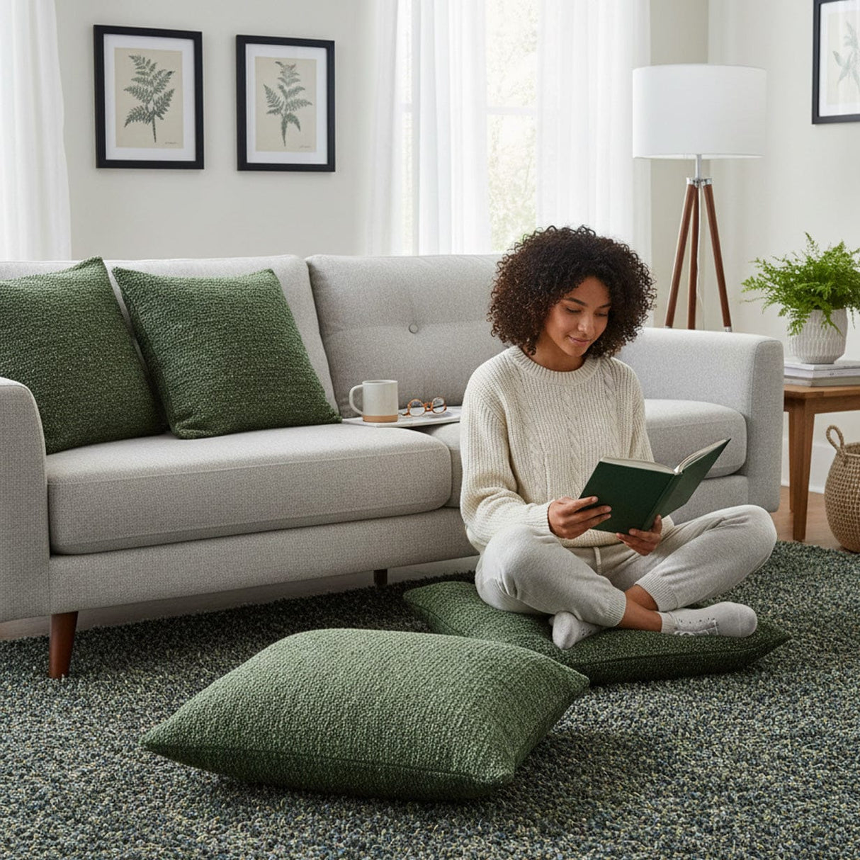 Housse de coussin grise en coton du Portugal Housse de coussin artisanale 60x60 - Vert moyen