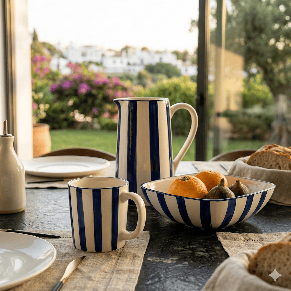Mug en céramique portugaise rayé bleu et blanc Mug rayé "Costa Nova Mar" - Bleu Cobalt