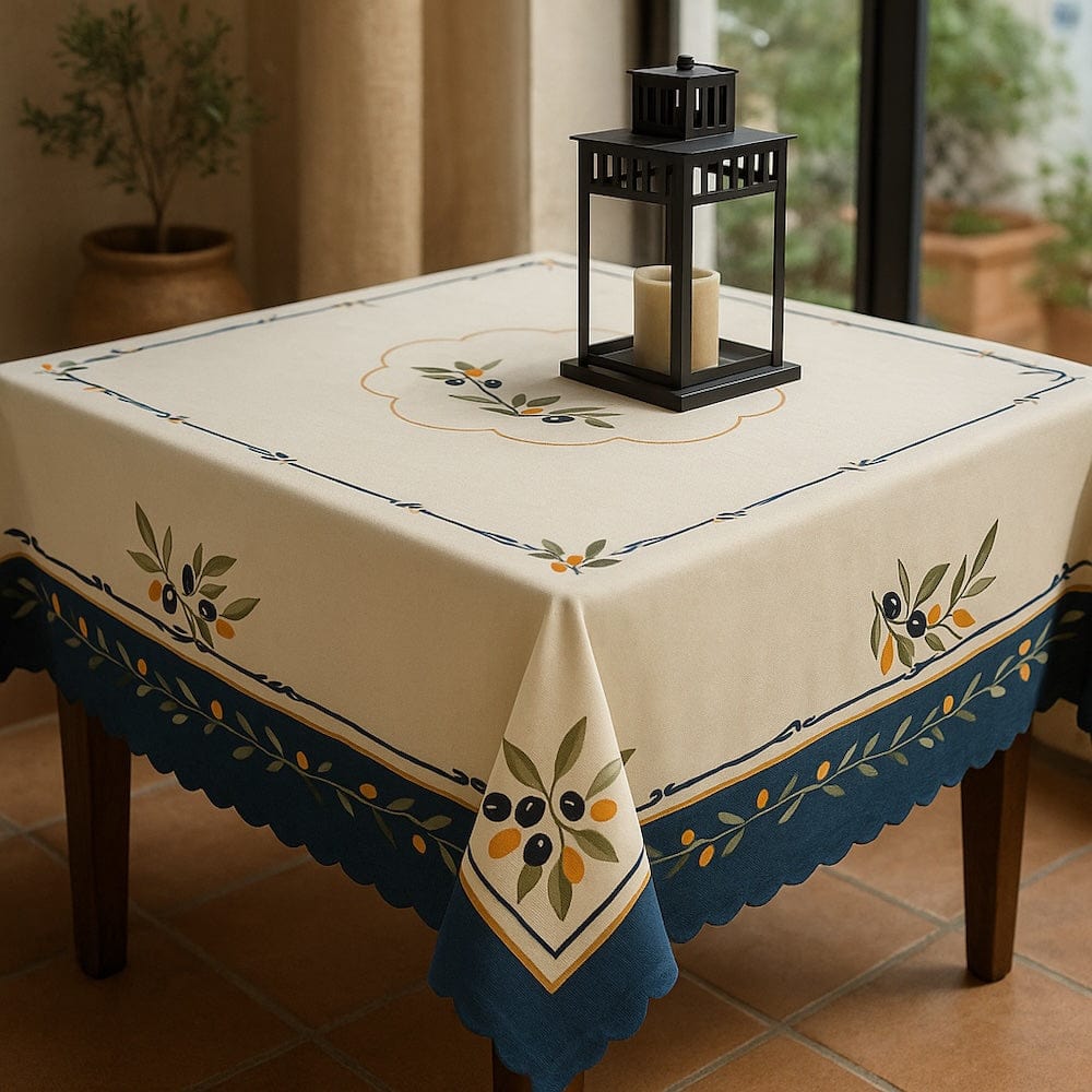 Nappe portugaise bleue motifs oliviers – Coton & polyester facile à entretenir Nappe en coton "Azeitona" - Bleue