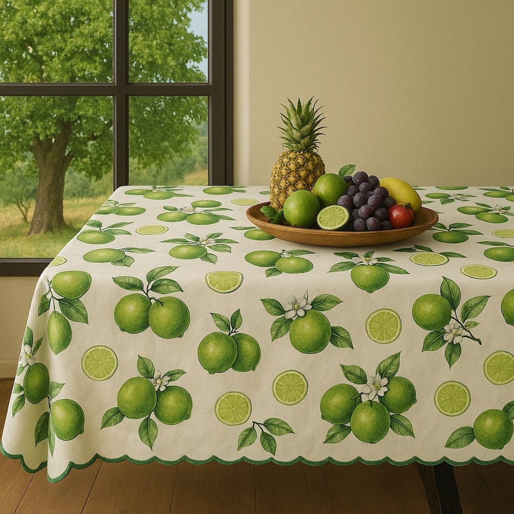 Nappe portugaise verte motifs citrons – Coton & polyester facile à entretenir Nappe en coton "Limão" - Verte