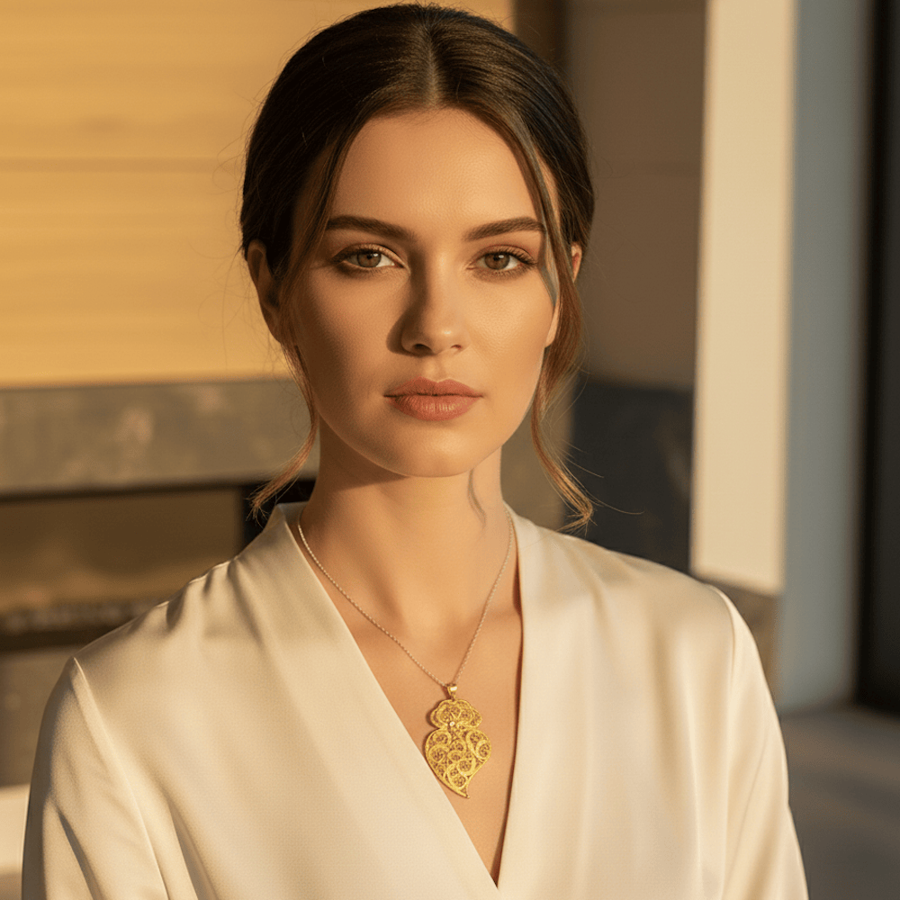 Pendentif Coeur de Viana en argent doré 7 cm I Bijoux du Portugal Coração de Viana I Pendentif en argent doré - 7 cm