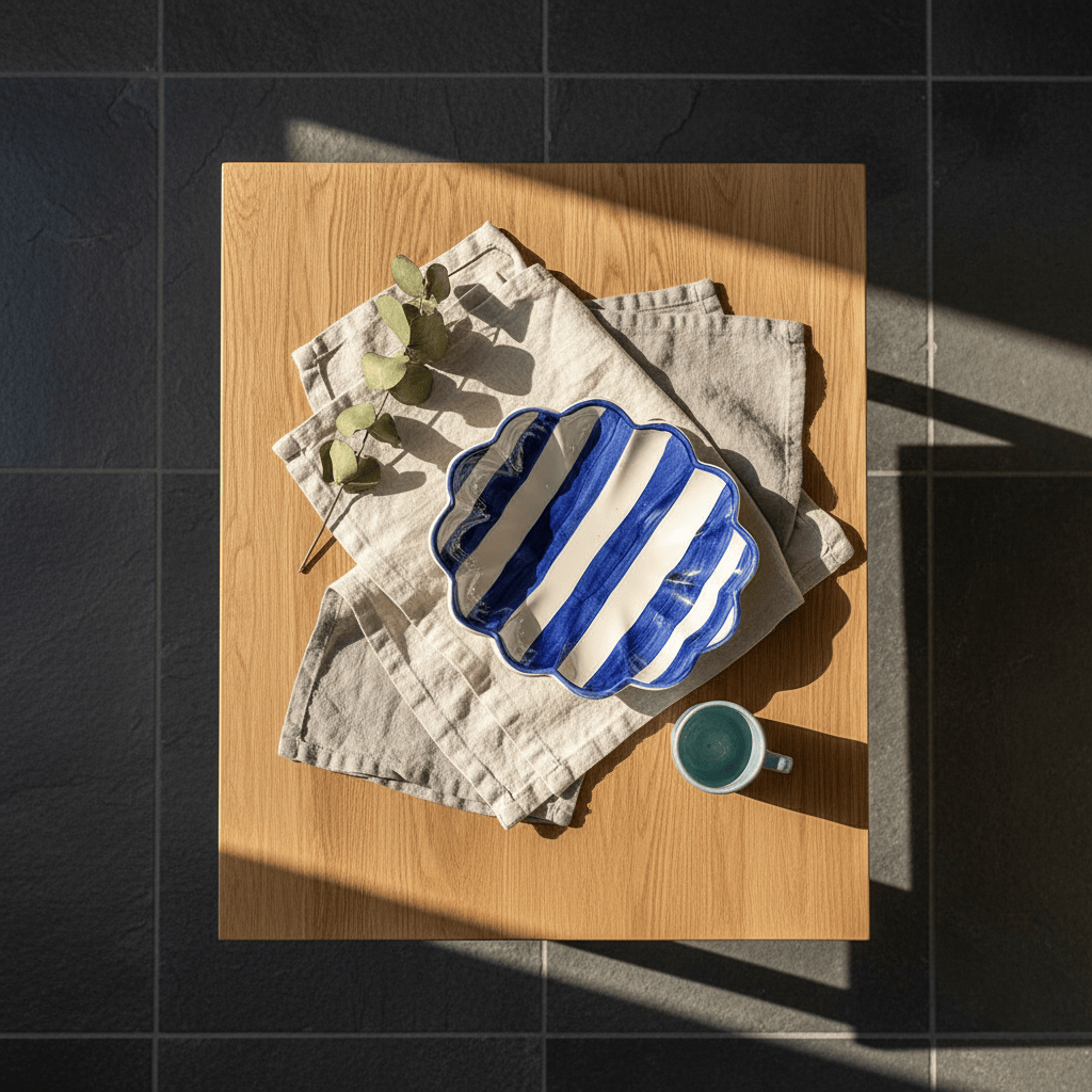 Plat de 24cm en céramique portugaise rayé bleu et blanc Plat de service rayé "Costa Nova Mar" - Bleu cobalt