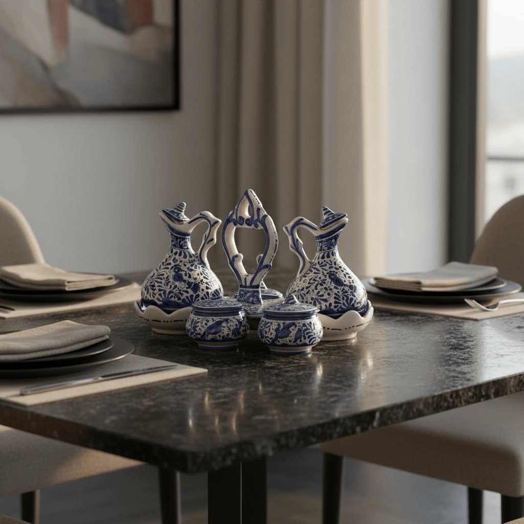 Présentoir à huile. vinaigre. sel et poivre en céramique de Coimbra Présentoir à huile. vinaigre. sel et poivre en céramique de Coimbra