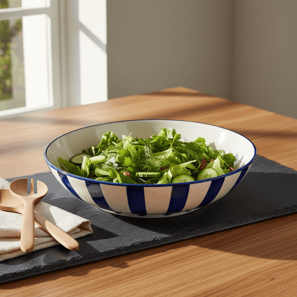 Saladier en porcelaine portugaise I Vaisselle du Portugal en ligne Saladier rayé "Costa Nova Mar" 25cm - Bleu