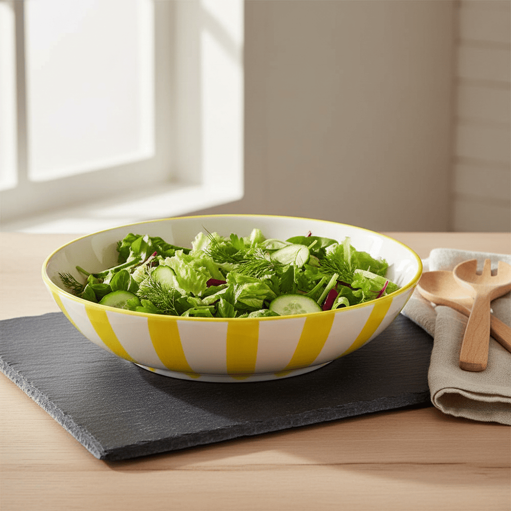 Saladier en porcelaine portugaise I Vaisselle du Portugal en ligne Saladier rayé "Costa Nova Mar" 25cm - Jaune