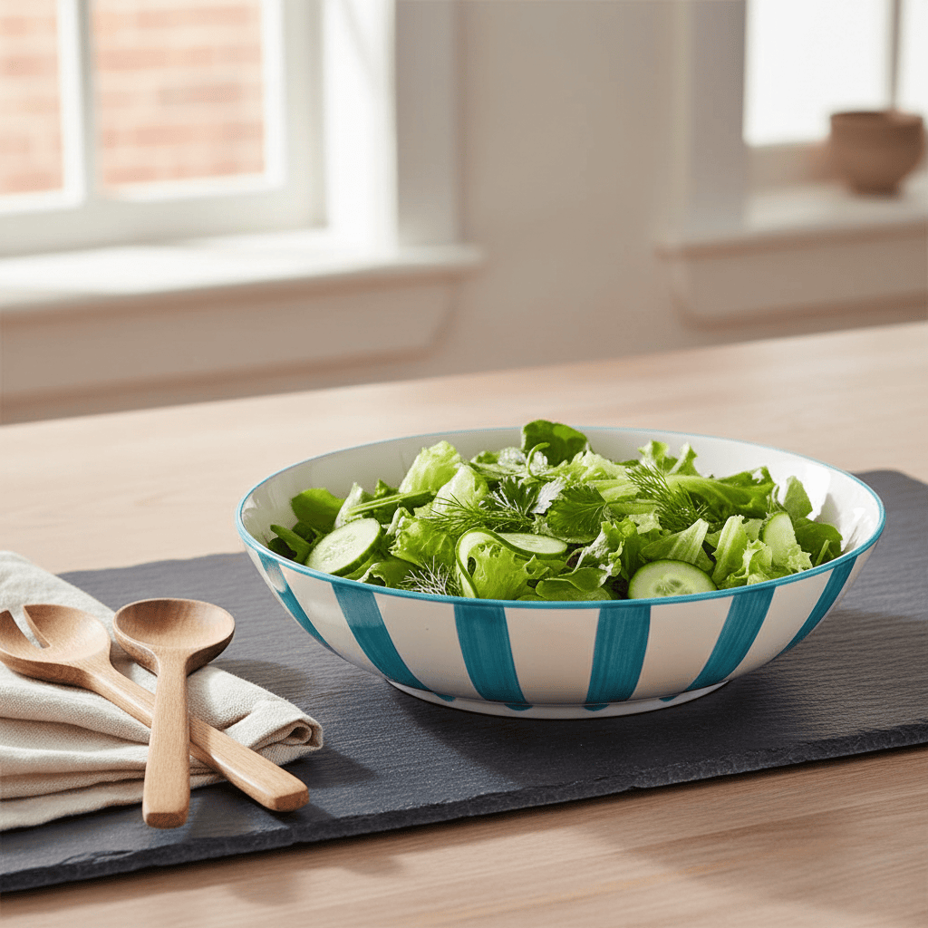 Saladier en porcelaine portugaise I Vaisselle du Portugal en ligne Saladier rayé "Costa Nova Mar" 25cm - Turquoise