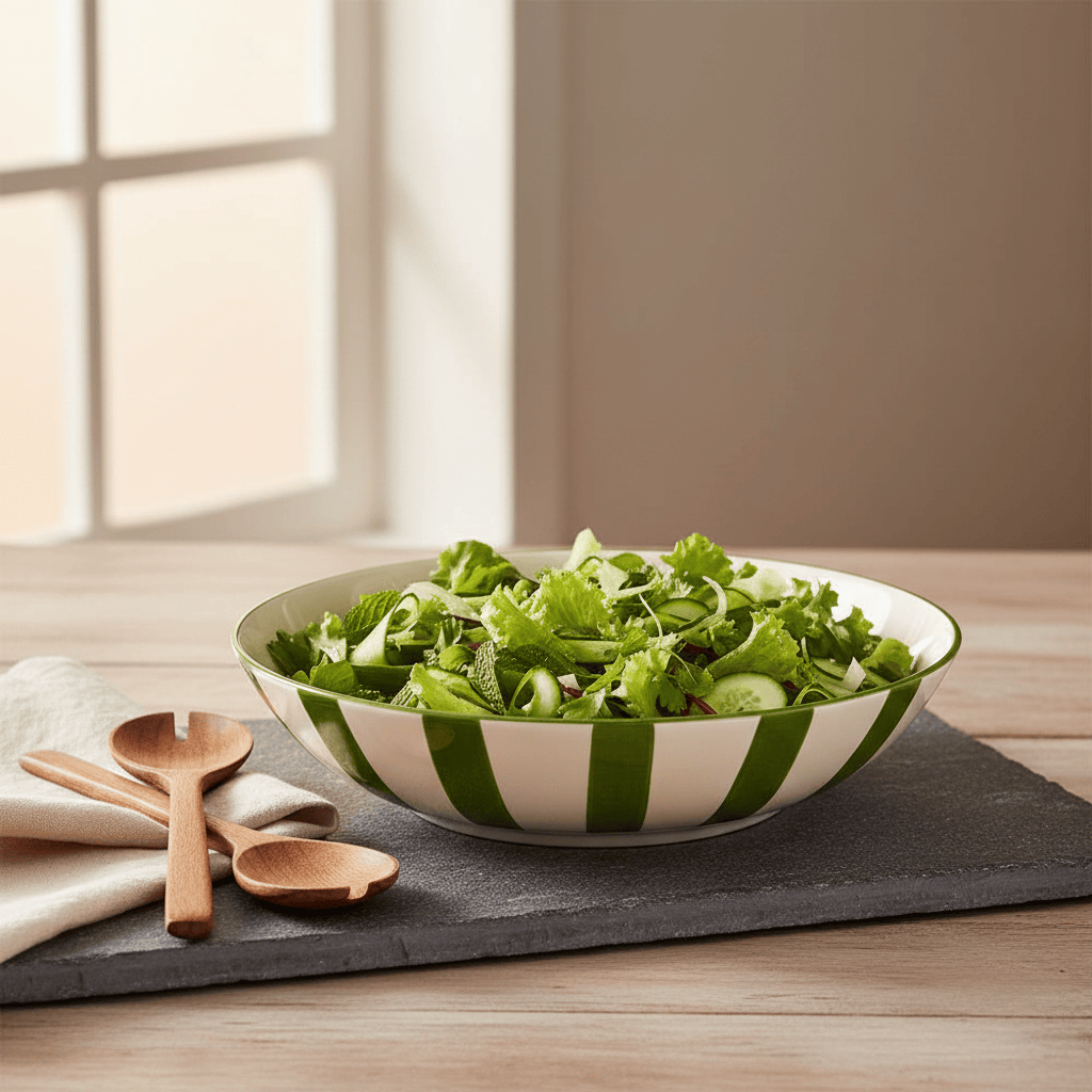 Saladier en porcelaine portugaise I Vaisselle du Portugal en ligne Saladier rayé "Costa Nova Mar" 25cm - Vert