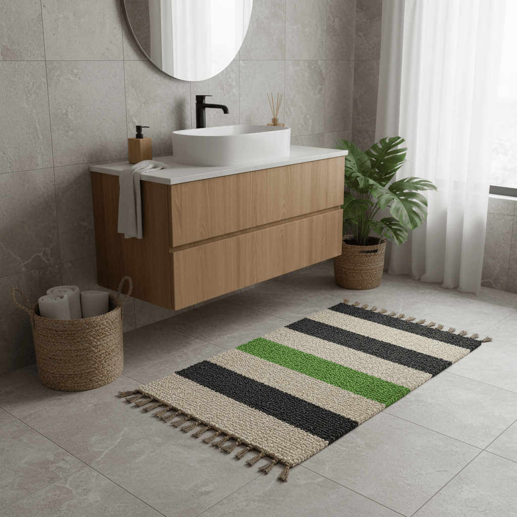 Tapis artisanal rayé vert I Tapis artisanal portugais Tapis Artisanal rayé - Vert. gris. beige