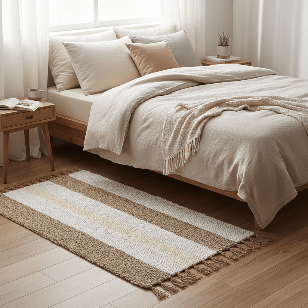 Tapis rayé blanc, beige et marron I Tapis artisanal portugais Tapis Artisanal rayé - Blanc. beige. marron