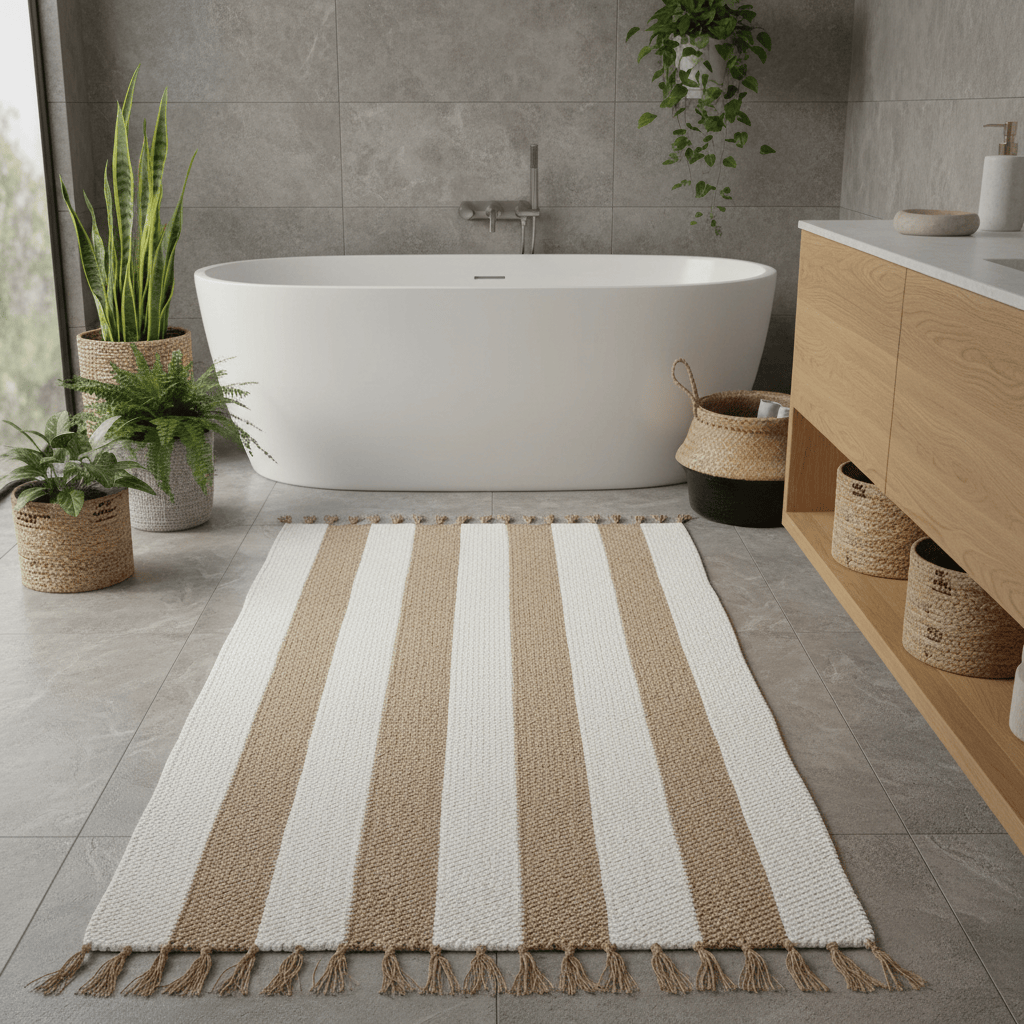 Tapis rayé blanc, beige et marron I Tapis artisanal portugais Tapis Artisanal rayé - Blanc. beige. marron