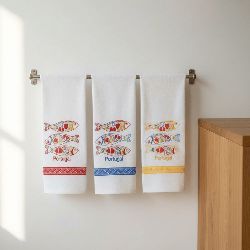 Torchon de cuisine brodé motifs sardine Torchon de cuisine brodé "Sardinha"