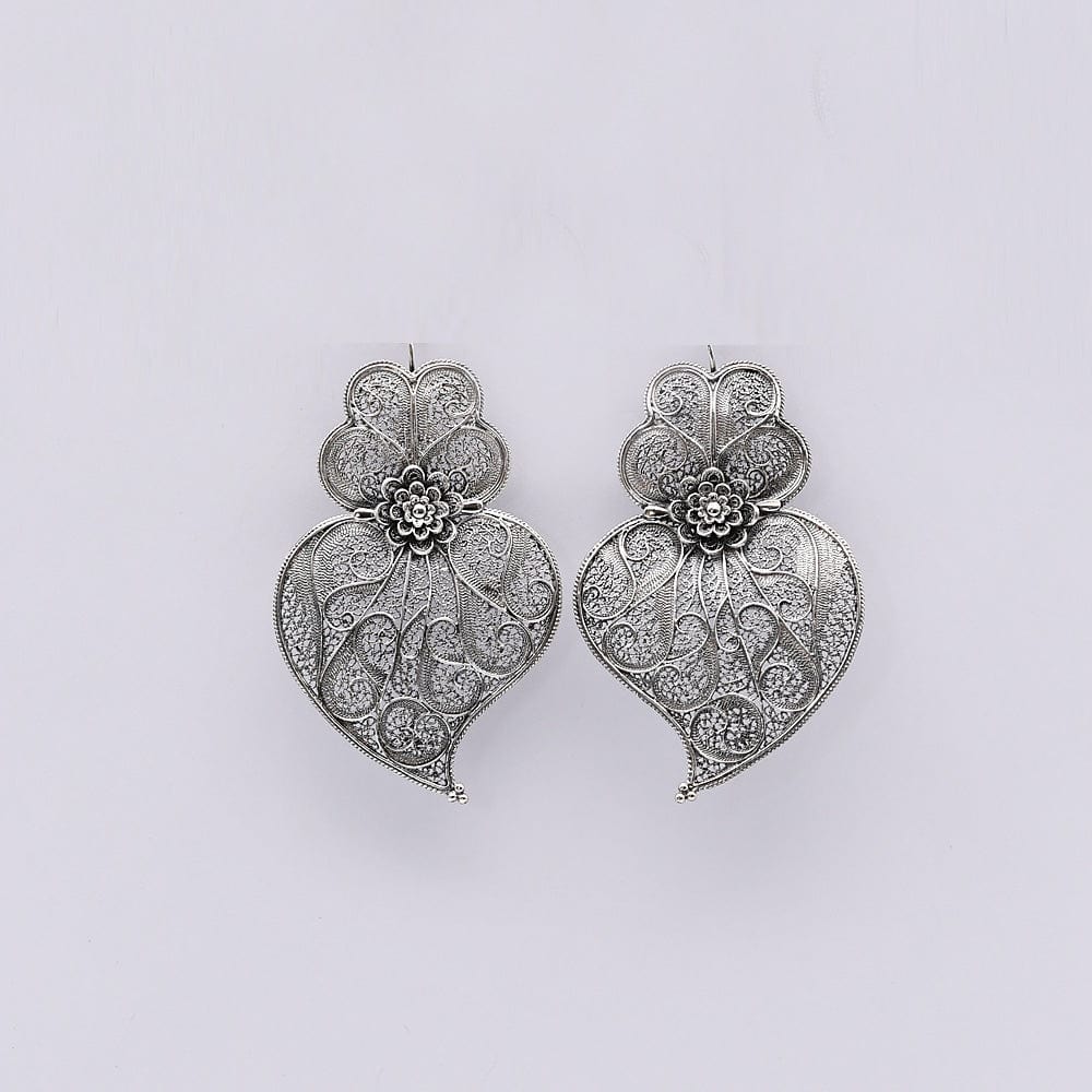 Boucles d'oreille Coeur de Viana en filigrane d'argent oxydé 6,5cm Coração de Viana I Boucles d'oreille en argent oxydé - 6,5cm