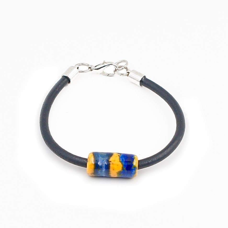 Ceramic Bracelet on leather: Deep-blue and Yellow