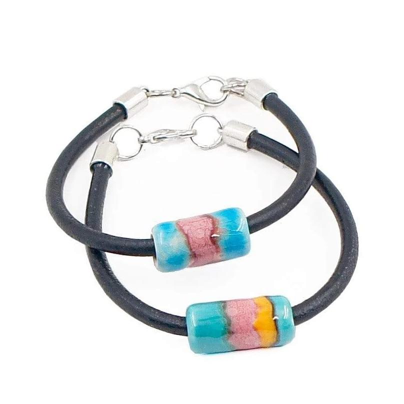 Ceramic bracelet on turquoise-blue and pink leather