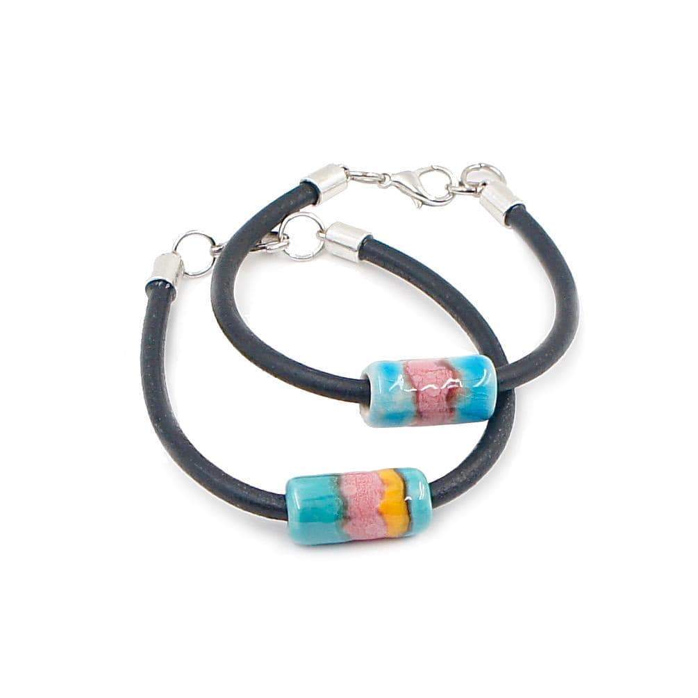 Ceramic bracelet on turquoise-blue and pink leather