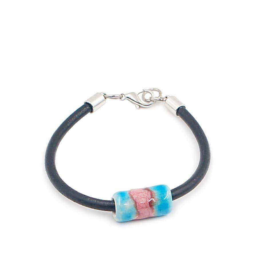 Ceramic bracelet on turquoise-blue and pink leather