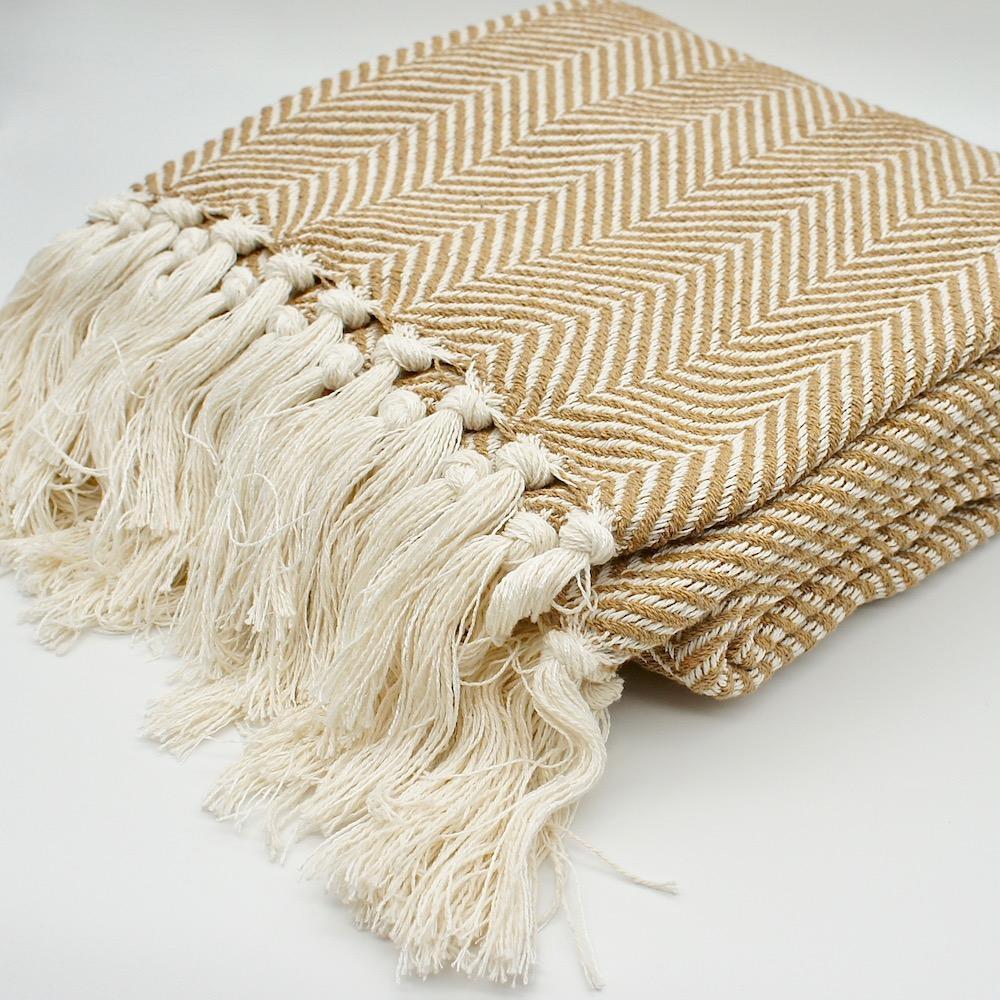 Plaid en coton Beige et Blanc cassé à chevrons