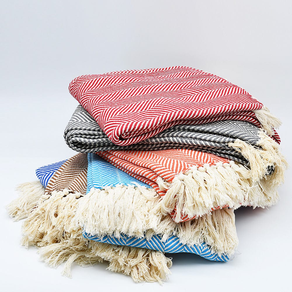 Plaid en coton orange motifs chevrons I Artisanat du Portugal en ligne Plaid à franges en coton "Chevrons" 200x135 - Orange