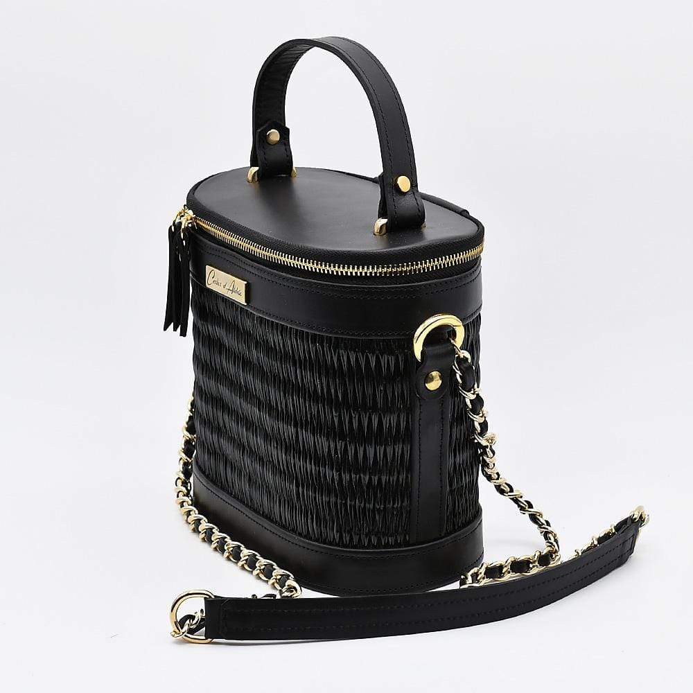 Sac à main carré en cuir et jonc rouge I Tendance portugaise Sac en cuir et jonc 20cm - Noir