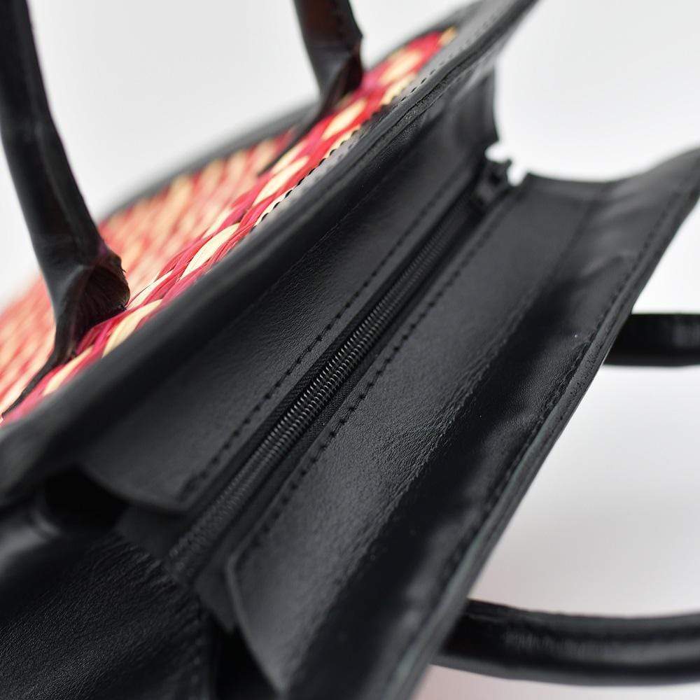 Sac en cuir et osier (jonc) 20cm - Rouge