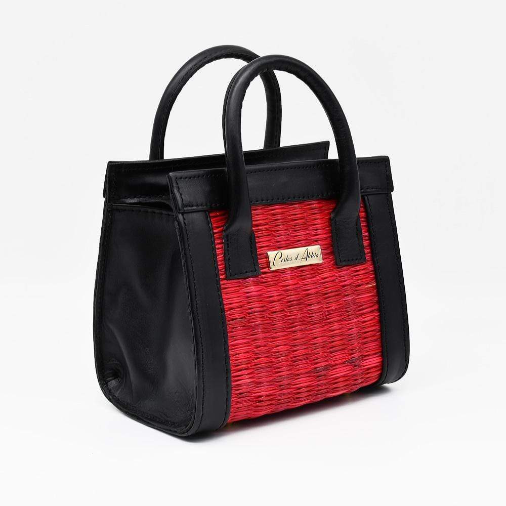 Sac en cuir et osier (jonc) 20cm - Rouge