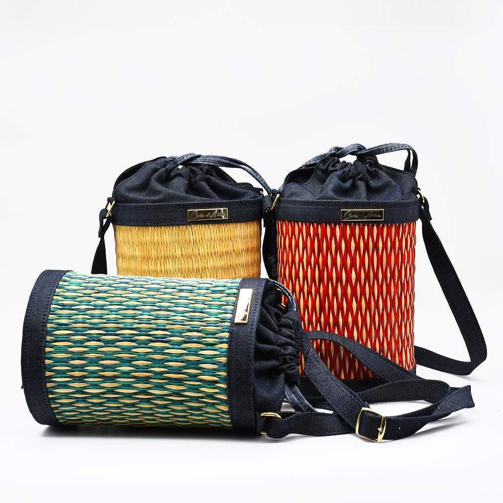 Sac bandoulière denim et jonc - Rouge