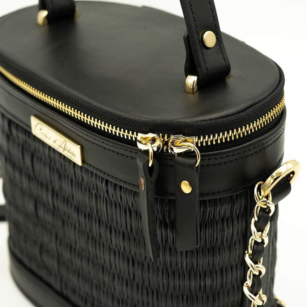 Sac à main ovale en cuir et jonc noir I Tendance portugaise Sac en cuir et jonc 22cm - Noir