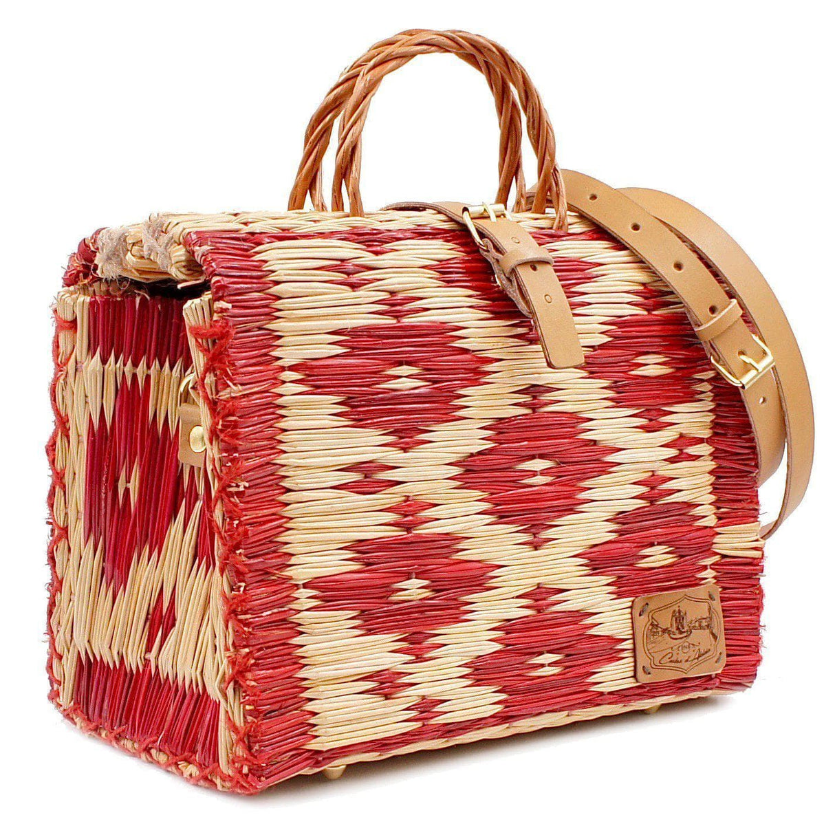 Sac cabas en jonc 30cm - Rouge & naturel