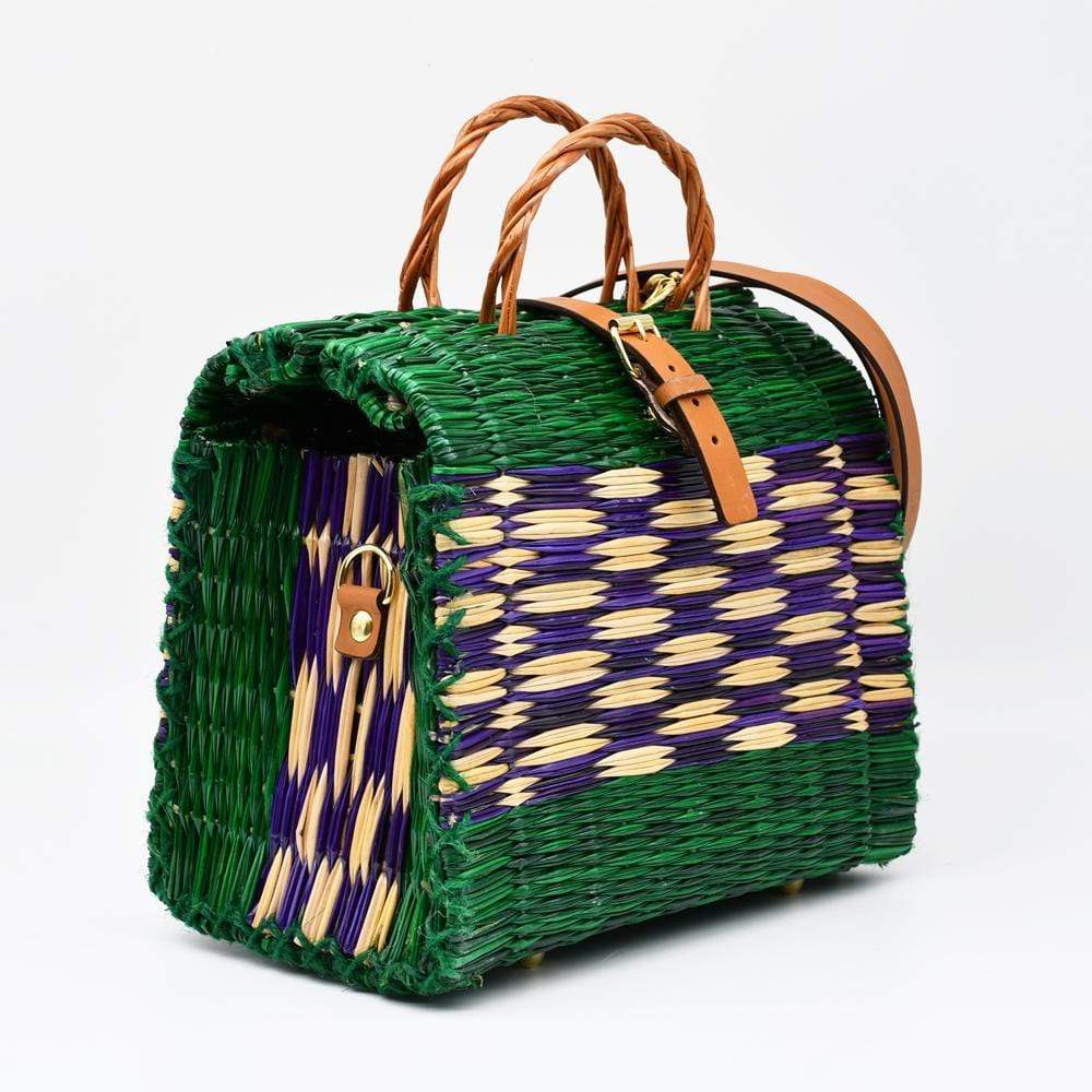 Sac cabas en osier (jonc) 26cm - Vert & violet