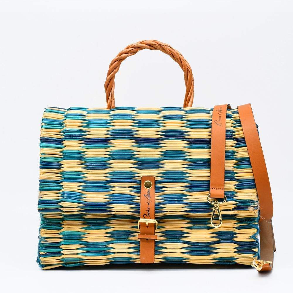 Sac cartable en jonc 30cm - Turquoise & naturel