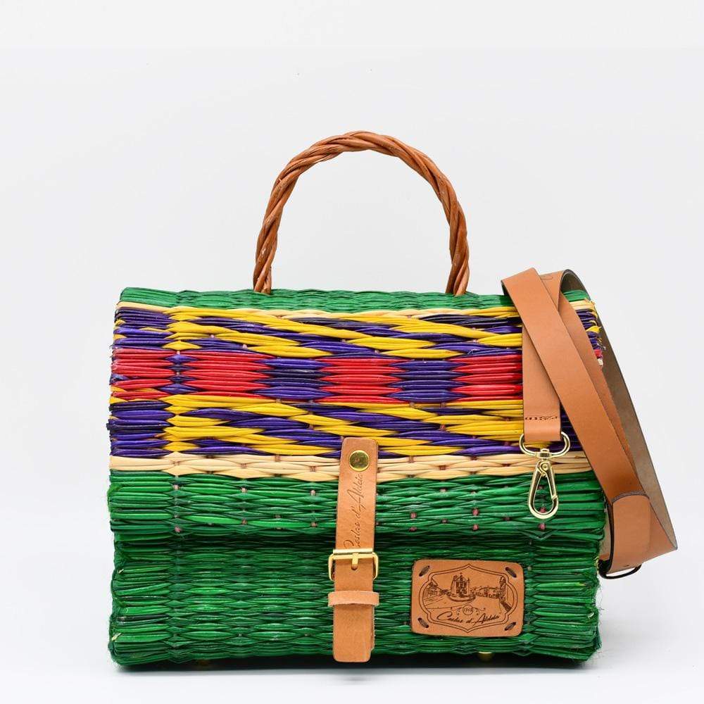 Sac cartable en osier (jonc) 25cm - Vert & multicolore
