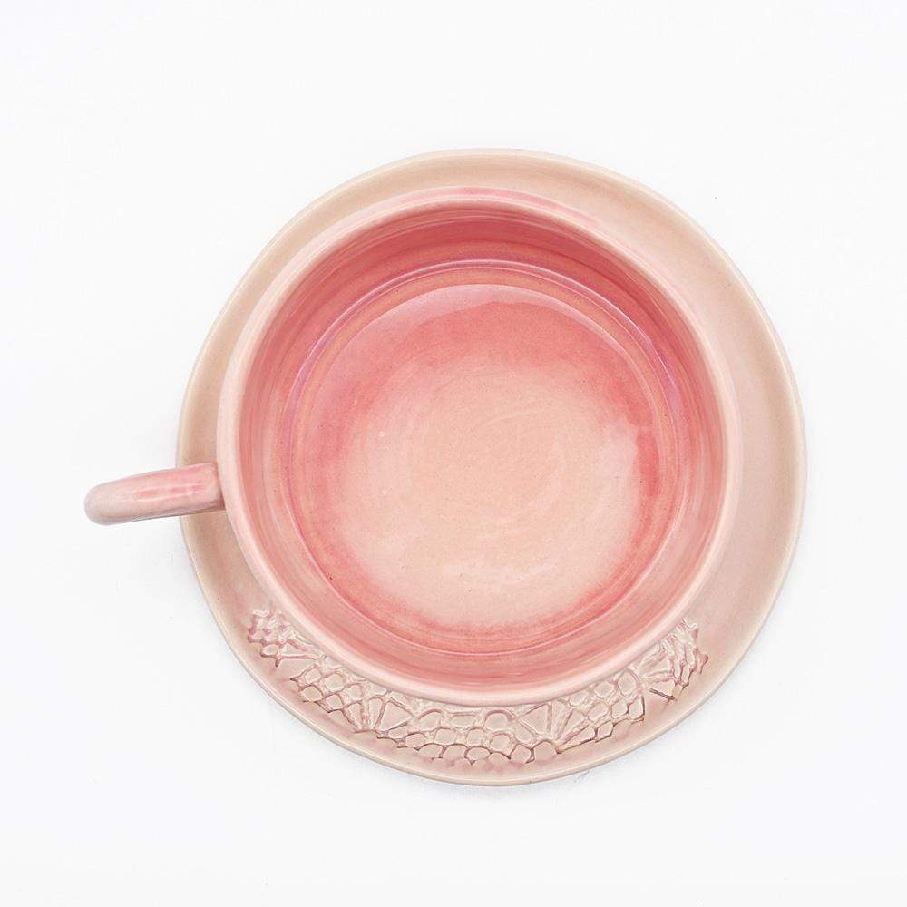 Tasse en céramique rose I Motifs dentelles portugaises Grande tasse et sous tasse rose - 12 cm