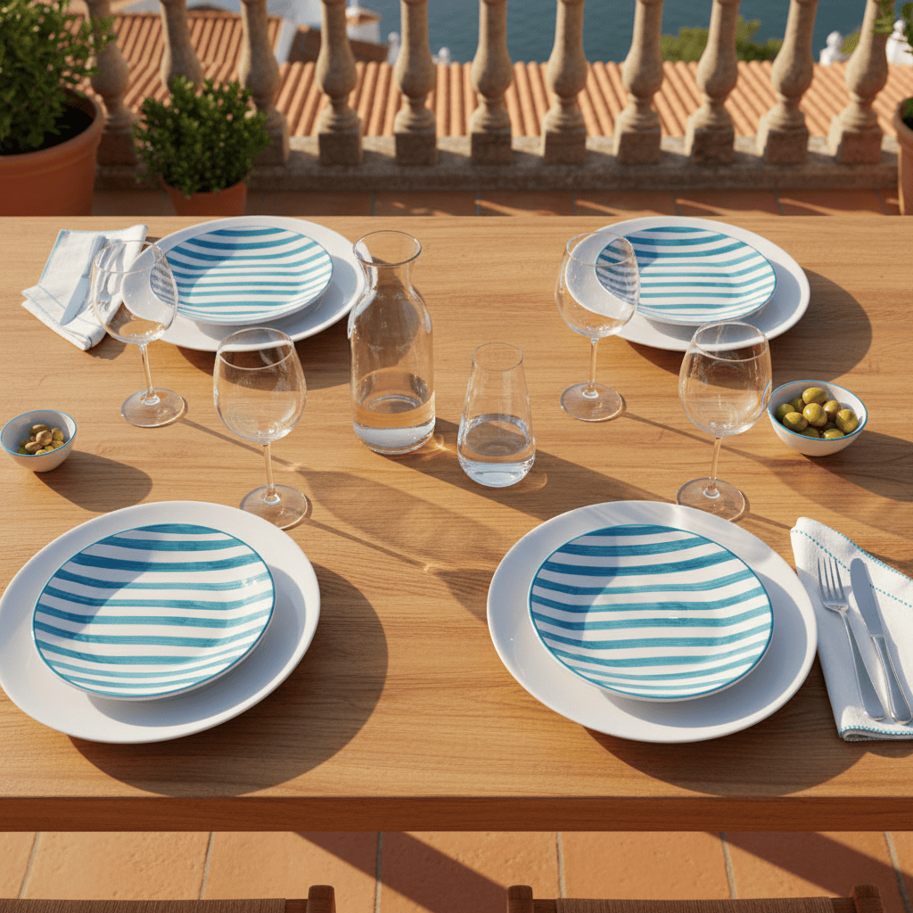 Assiette à pain rayée turquoise et blanche I Vaisselle du Portugal en ligne Assiette rayée "Costa Nova Mar" 15cm - Turquoise