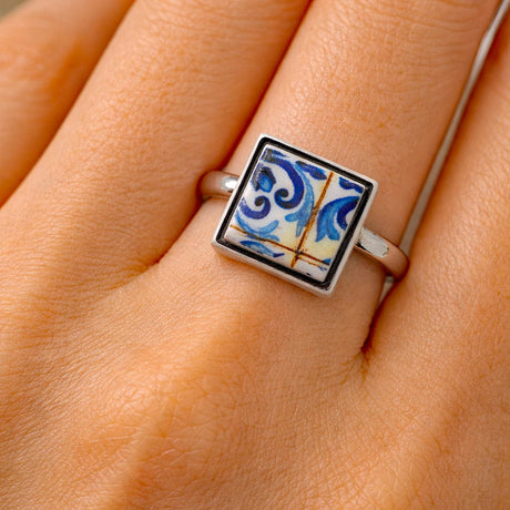 Bague carrée aux motifs azulejos I Bijoux fantaisie portugais Bague "Azulejos"