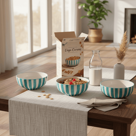 Bol à céréales en céramique portugaise I Vaisselle du Portugal en ligne Bol à céréales rayé "Costa Nova Mar" 16cm - Turquoise