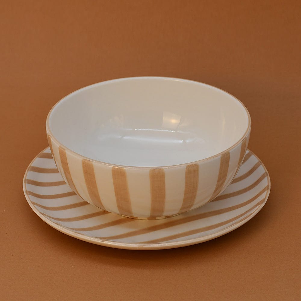 Bol à céréales en céramique portugaise rayé moka et blanc Bol à céréales rayé "Costa Nova Mar" 16cm - Moka