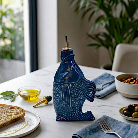 Carafe à huile ou vinaigre en céramique en forme de poisson Carafe à huile en céramique en forme de Poisson - Bleue
