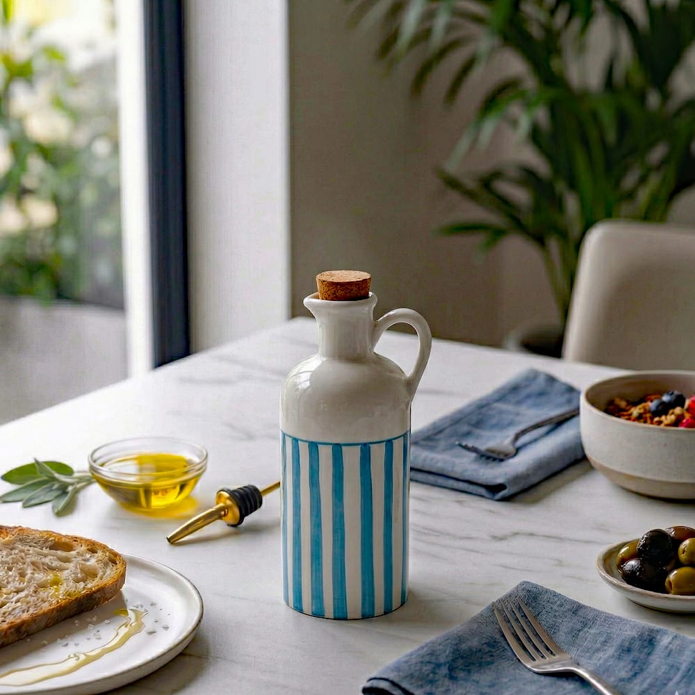 Carafe rayée turquoise et blanche avec bouchon en liège Carafe à huile rayée "Costa Nova Mar" 18cm - Turquoise