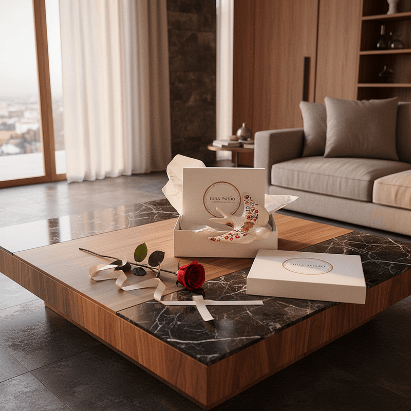 céramique avec des motifs namorados, dans sa boîte cadeau Luisa Paixão.  Coffret hirondelle "Namorados"