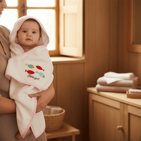 Drap de bain à capuche rose aux motifs sardines portugaises Drap de bain à capuche en coton "Sardinhas" - Rose