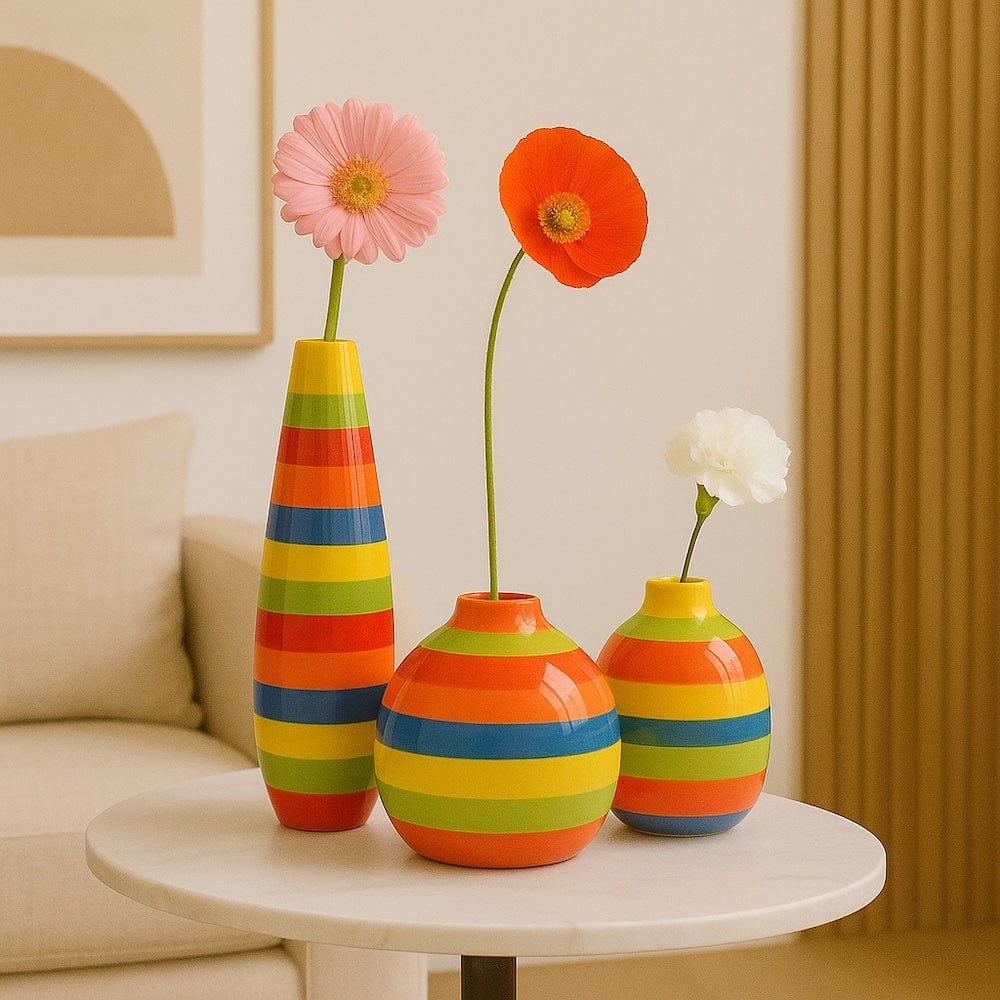 Ensemble de 3 soliflores multicolores faits main Ensemble de 3 vases rayés multicolores