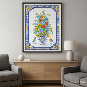 Fresque d'azulejos portugais peinte à la main I Motifs floraux Fresque d'azulejos 90x60cm